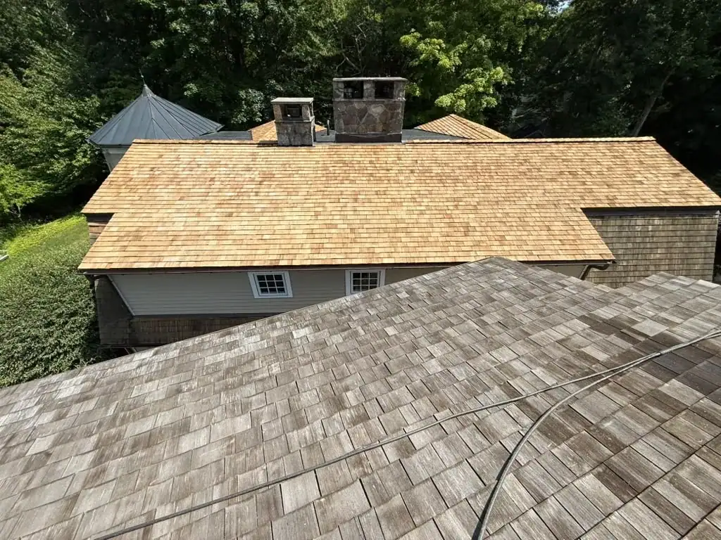 Cedar shakes drying to a natural golden tone