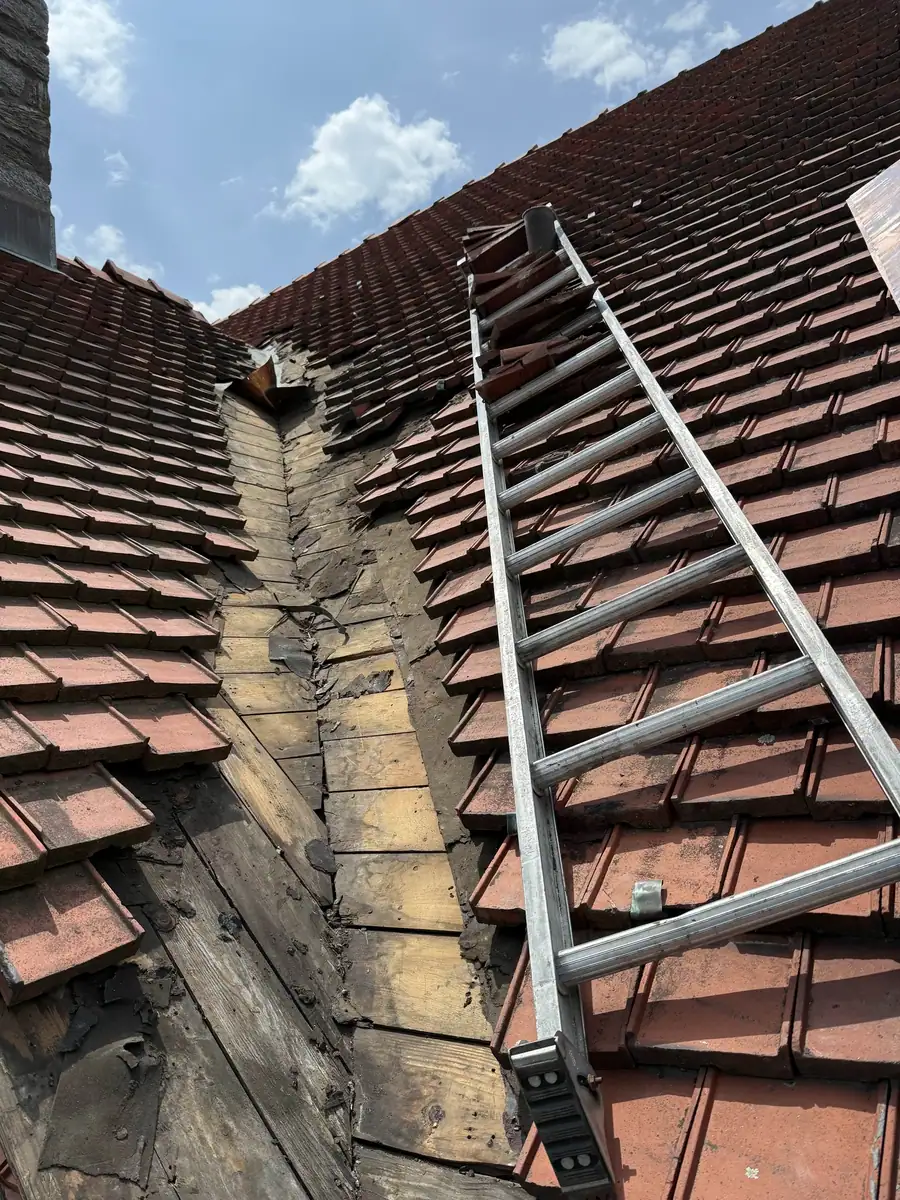 Original open roof valley before flashing work in New Rochelle